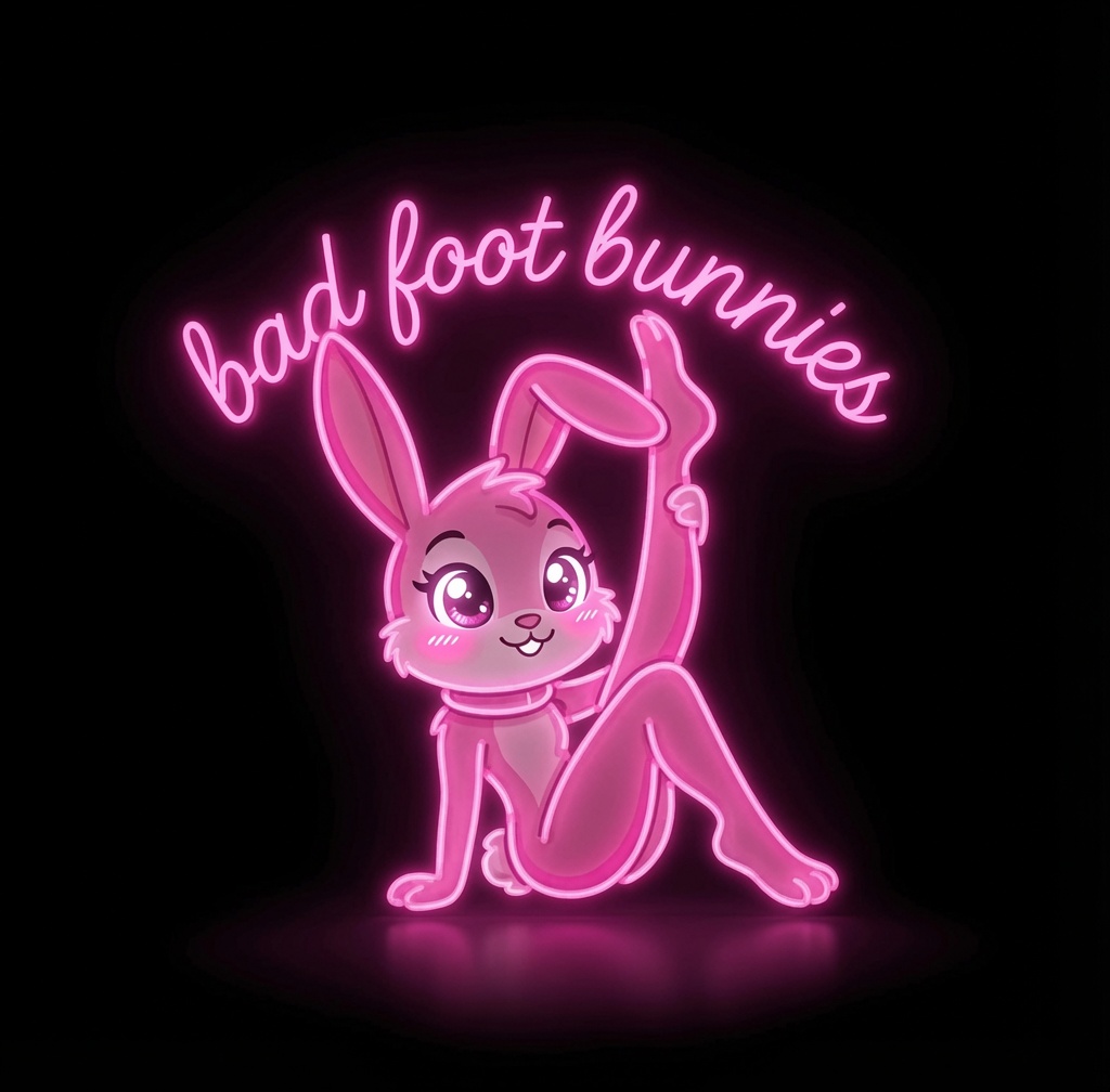Bad Foot Bunnies pink bunny mascot with one foot playfully in the air under a neon script logo